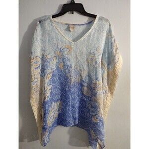 Chico’s Linen Blue Ocean Beach Floral Poncho Tunic Top Size S/M Luxury Resort